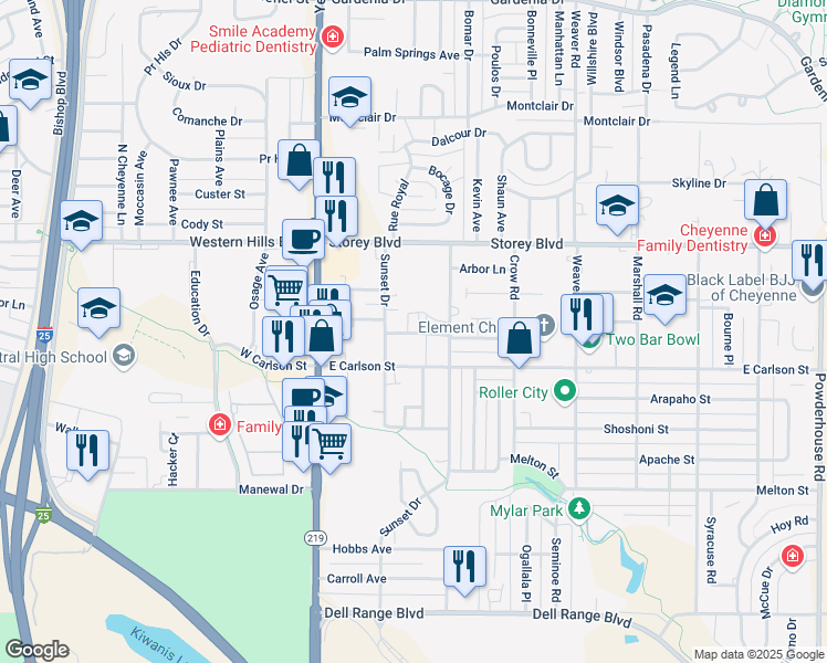 map of restaurants, bars, coffee shops, grocery stores, and more near 239 Miller Lane in Cheyenne