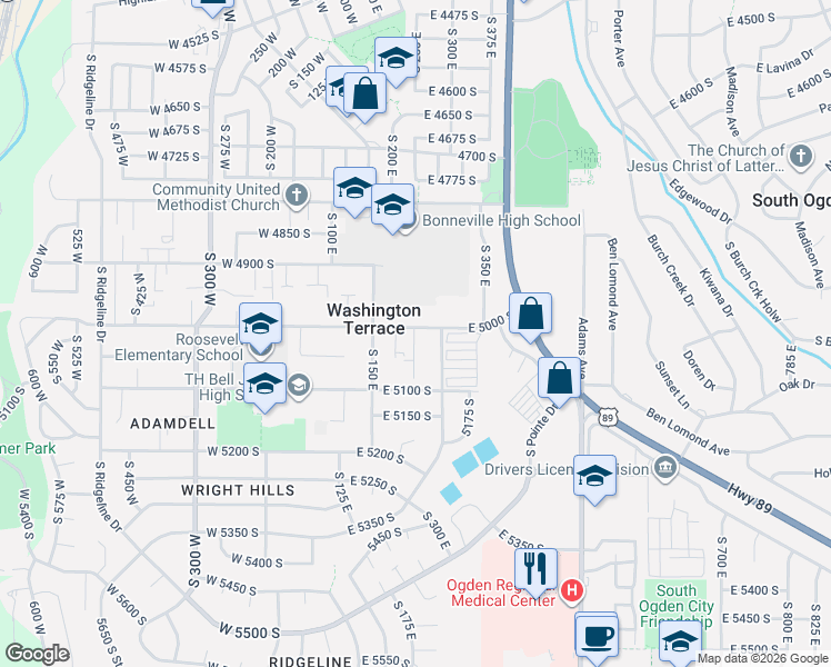 map of restaurants, bars, coffee shops, grocery stores, and more near 5028 South 240 East in Ogden
