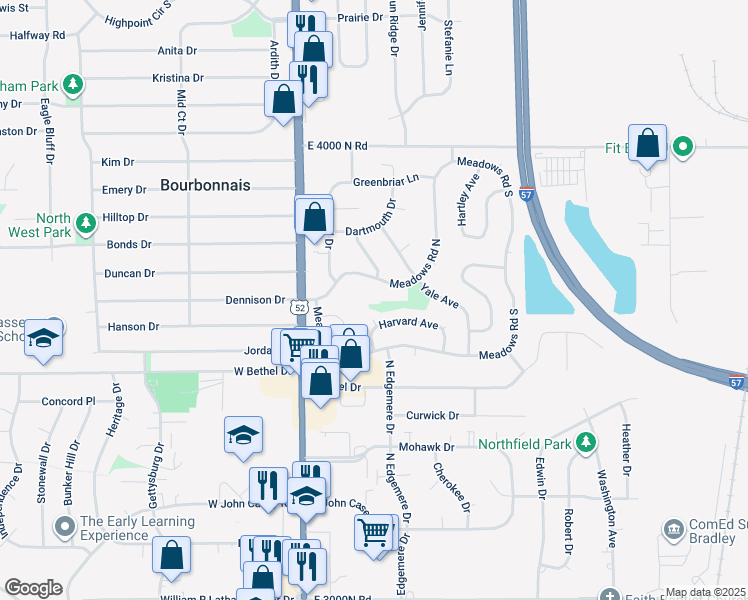 map of restaurants, bars, coffee shops, grocery stores, and more near 180 Meadows Road North in Bourbonnais