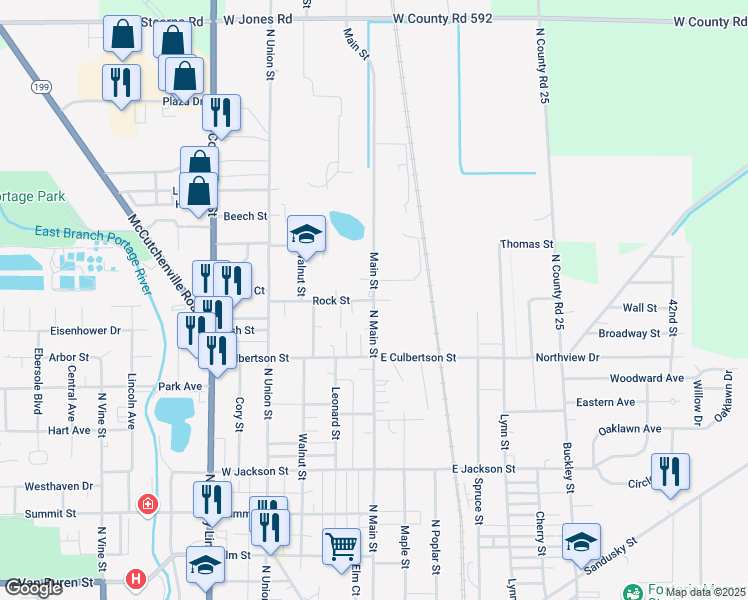 map of restaurants, bars, coffee shops, grocery stores, and more near South Main Street in Fostoria