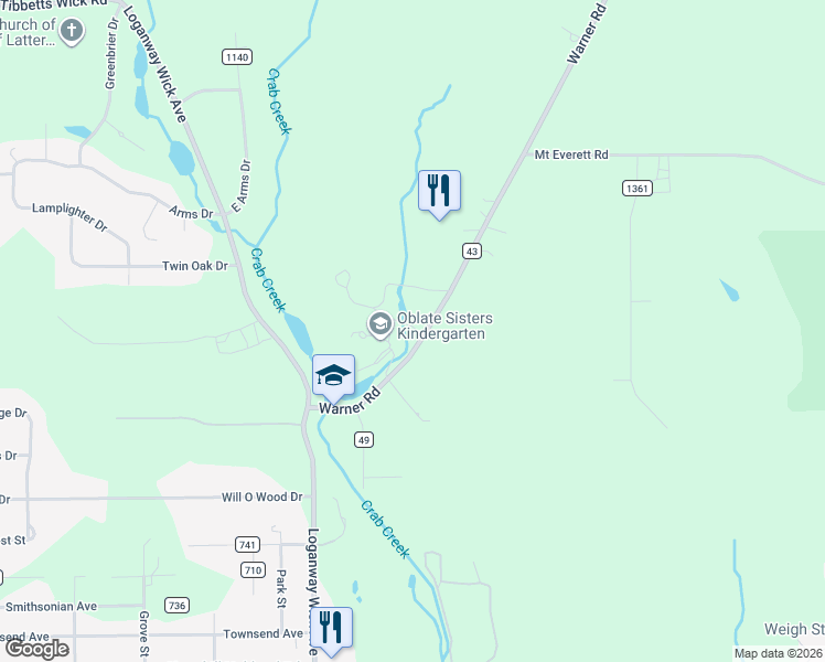 map of restaurants, bars, coffee shops, grocery stores, and more near 59 Warner Road Southeast in Hubbard