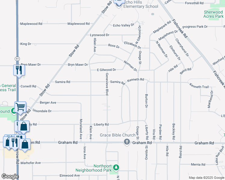 map of restaurants, bars, coffee shops, grocery stores, and more near 4069-4071 Genevieve Boulevard in Stow