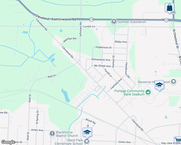 map of restaurants, bars, coffee shops, grocery stores, and more near 6672 Cleveland Road in Ravenna