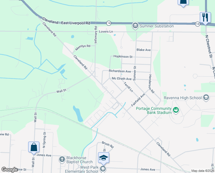 map of restaurants, bars, coffee shops, grocery stores, and more near 6672 Cleveland Road in Ravenna