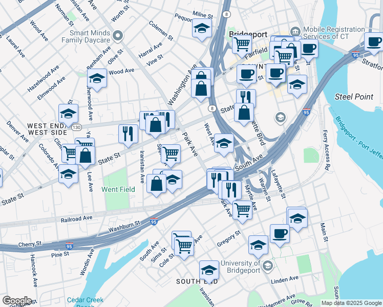 map of restaurants, bars, coffee shops, grocery stores, and more near 789 Park Avenue in Bridgeport