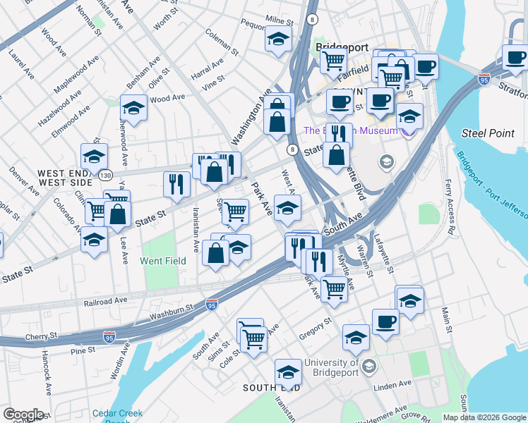 map of restaurants, bars, coffee shops, grocery stores, and more near 789 Park Avenue in Bridgeport