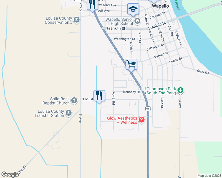 map of restaurants, bars, coffee shops, grocery stores, and more near 118 Roy El Road in Wapello
