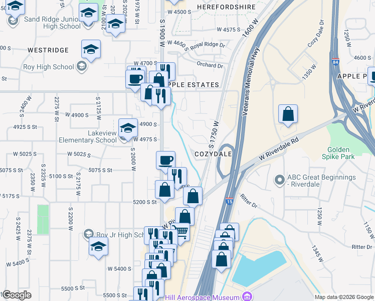 map of restaurants, bars, coffee shops, grocery stores, and more near 5065 South 1850 West in Roy