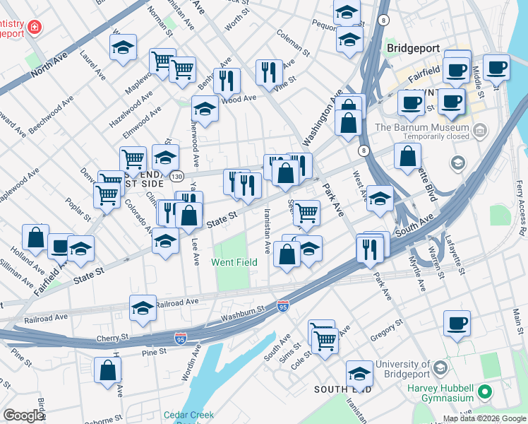 map of restaurants, bars, coffee shops, grocery stores, and more near 841 Iranistan Avenue in Bridgeport