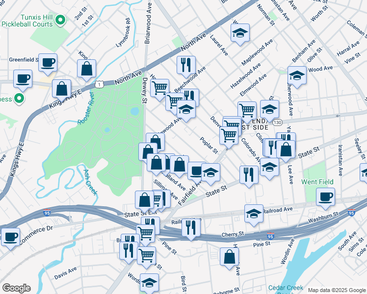 map of restaurants, bars, coffee shops, grocery stores, and more near 144 Lenox Avenue in Bridgeport