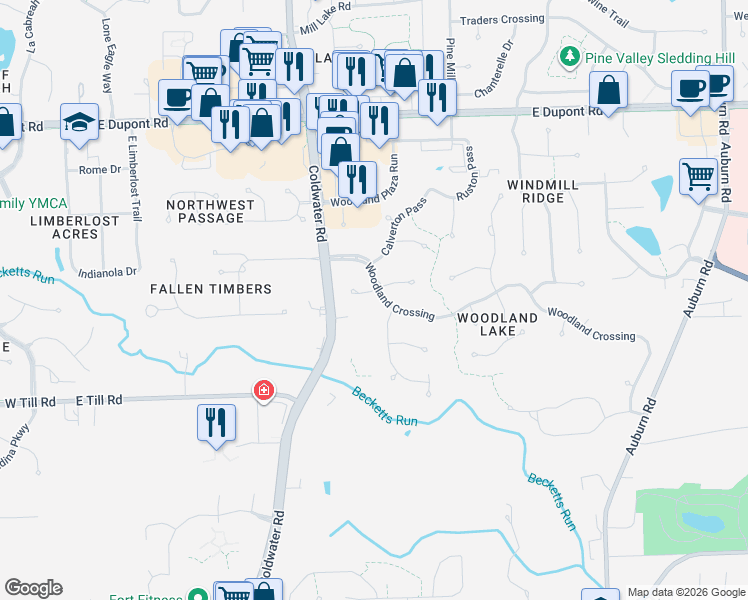 map of restaurants, bars, coffee shops, grocery stores, and more near 9829 Tamar Trail in Fort Wayne