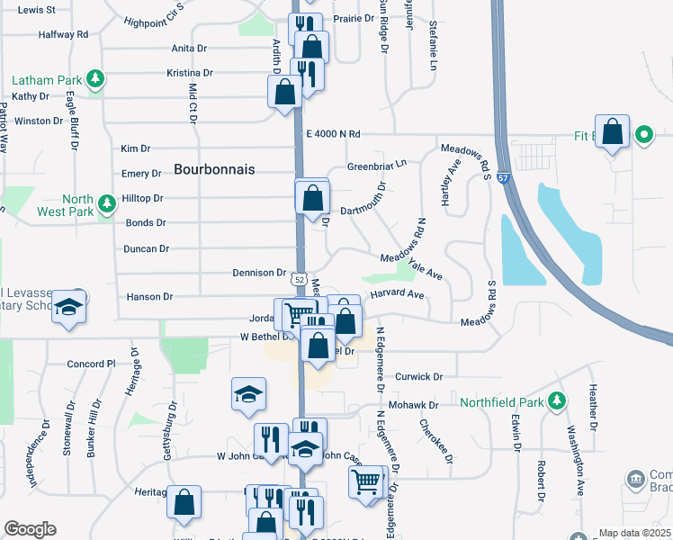 map of restaurants, bars, coffee shops, grocery stores, and more near 180 Meadows Road North in Bourbonnais