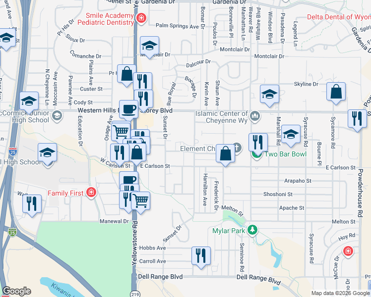 map of restaurants, bars, coffee shops, grocery stores, and more near 239 Miller Lane in Cheyenne