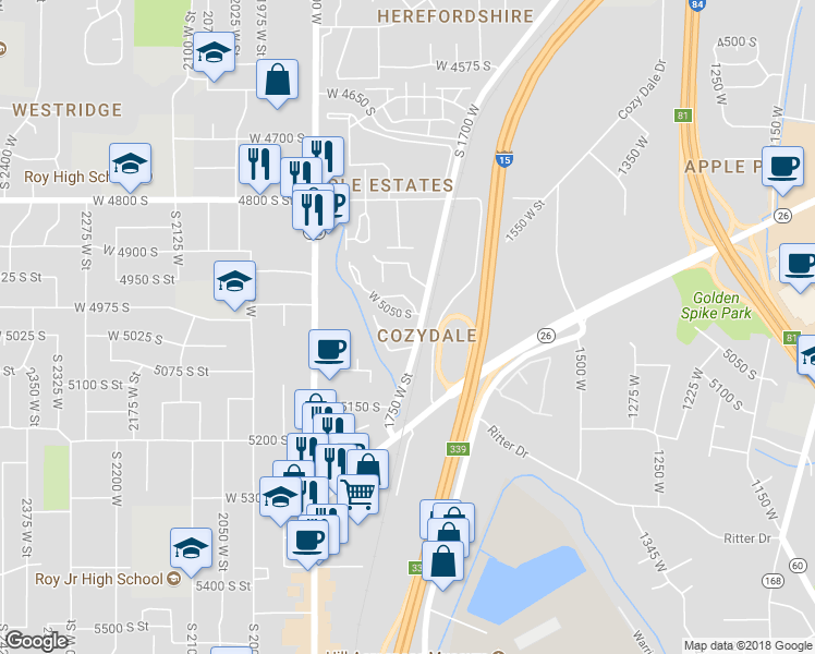 map of restaurants, bars, coffee shops, grocery stores, and more near 1760 West 5100 South in Roy