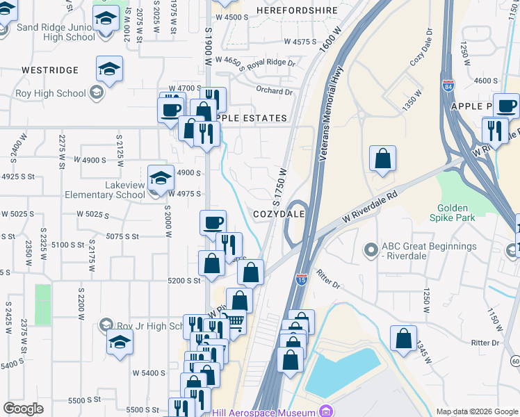 map of restaurants, bars, coffee shops, grocery stores, and more near 1780 West 5100 South in Roy