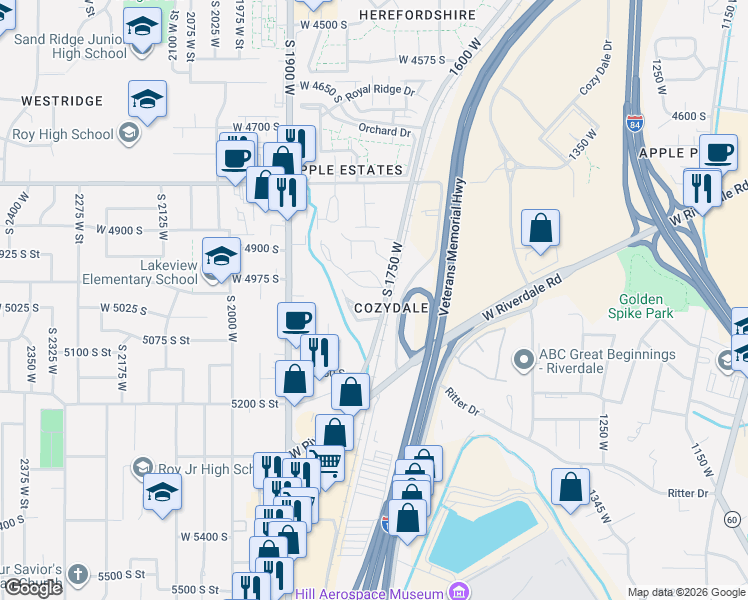 map of restaurants, bars, coffee shops, grocery stores, and more near 1760 West 5100 South in Roy