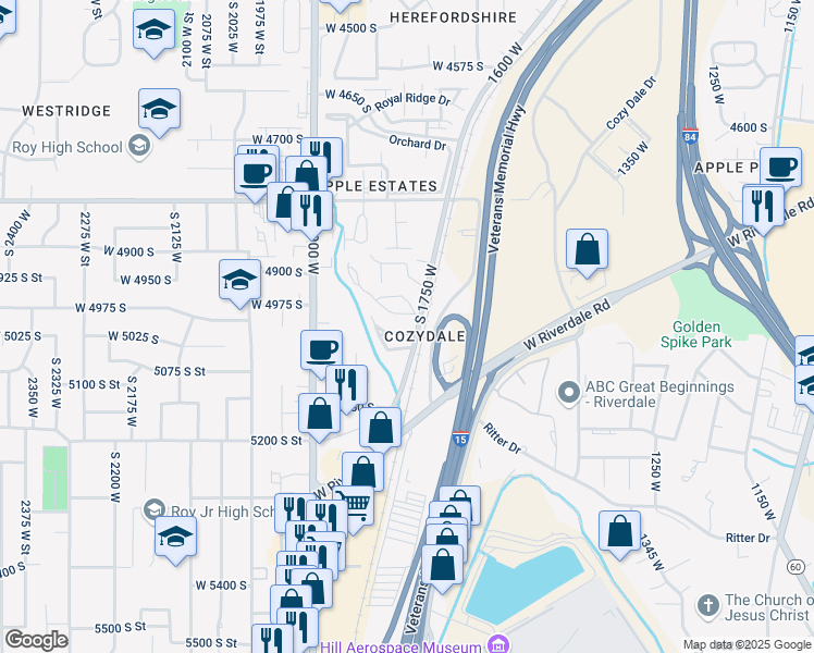 map of restaurants, bars, coffee shops, grocery stores, and more near 1760 West 5100 South in Roy