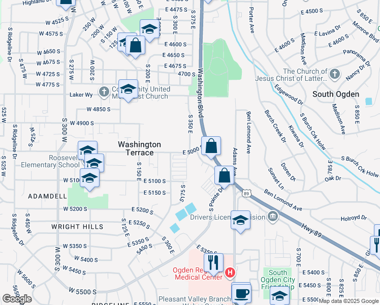 map of restaurants, bars, coffee shops, grocery stores, and more near South 350 East in Ogden
