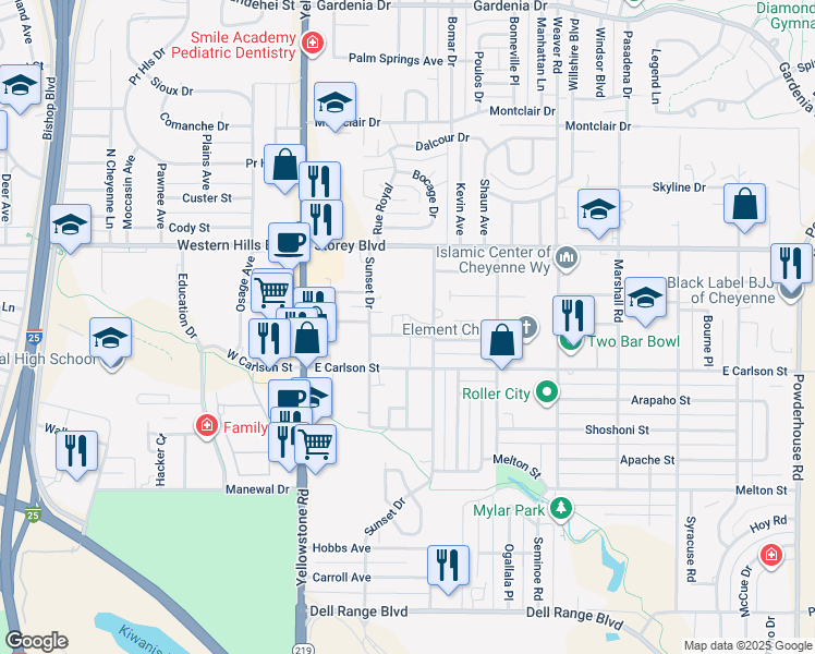 map of restaurants, bars, coffee shops, grocery stores, and more near 239 Miller Lane in Cheyenne