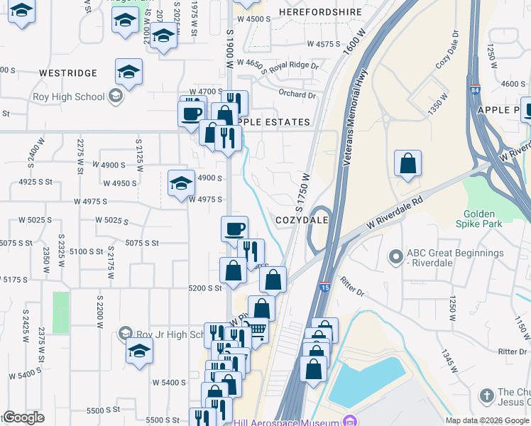 map of restaurants, bars, coffee shops, grocery stores, and more near 5065 South 1850 West in Roy