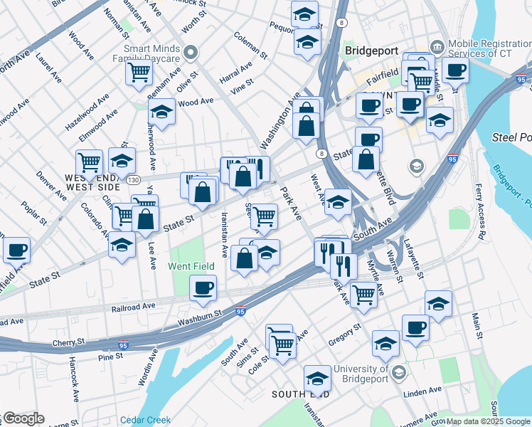 map of restaurants, bars, coffee shops, grocery stores, and more near 89 Cottage Street in Bridgeport