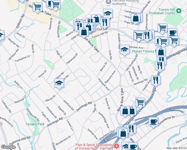 map of restaurants, bars, coffee shops, grocery stores, and more near 222 Country Road in Fairfield