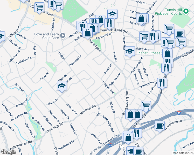 map of restaurants, bars, coffee shops, grocery stores, and more near 222 Country Road in Fairfield
