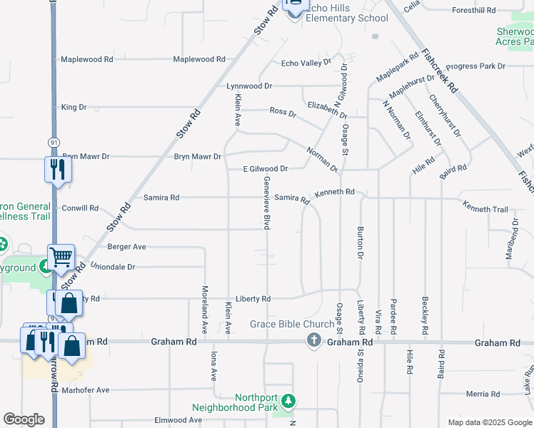 map of restaurants, bars, coffee shops, grocery stores, and more near 4069-4071 Genevieve Boulevard in Stow