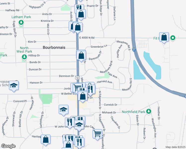 map of restaurants, bars, coffee shops, grocery stores, and more near 180 Meadows Road North in Bourbonnais