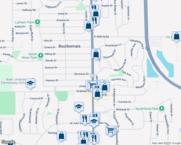 map of restaurants, bars, coffee shops, grocery stores, and more near 1 Dennison Drive in Bourbonnais