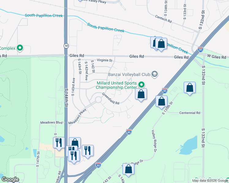 map of restaurants, bars, coffee shops, grocery stores, and more near 8715 South 139th Avenue in Omaha