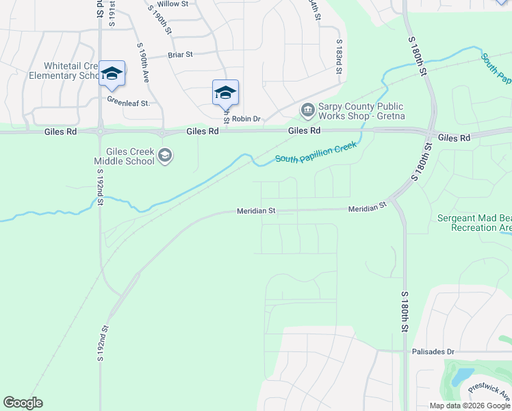 map of restaurants, bars, coffee shops, grocery stores, and more near 18577 Giles Road in Omaha