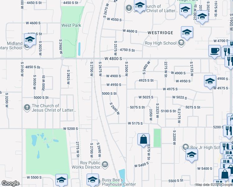 map of restaurants, bars, coffee shops, grocery stores, and more near 2025 5000 South Street in Roy