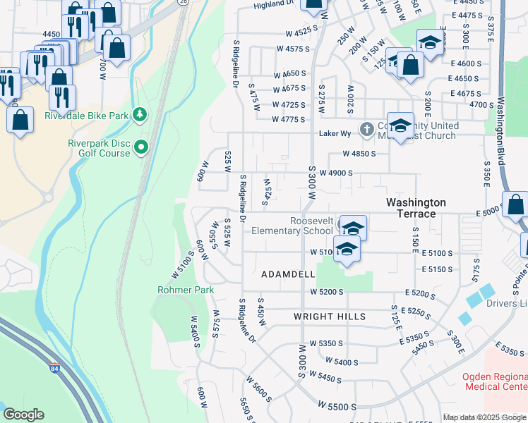 map of restaurants, bars, coffee shops, grocery stores, and more near 5360 South 425 West in Washington Terrace