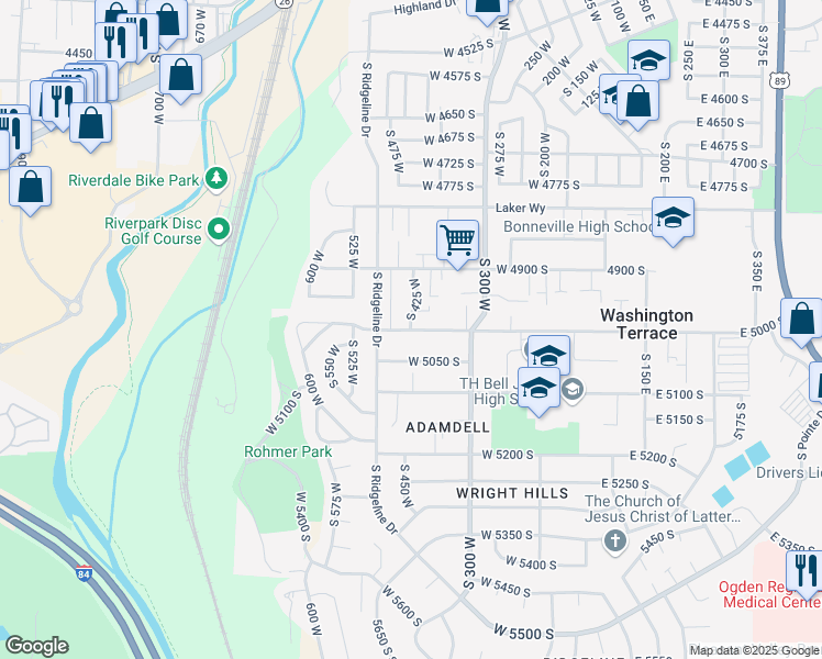 map of restaurants, bars, coffee shops, grocery stores, and more near 5360 South 425 West in Washington Terrace