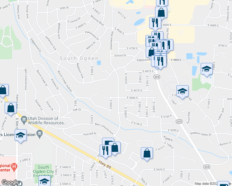 map of restaurants, bars, coffee shops, grocery stores, and more near 4971 Glasmann Way in South Ogden