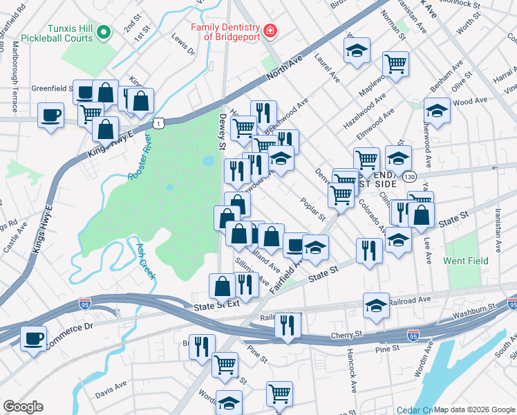 map of restaurants, bars, coffee shops, grocery stores, and more near 386 Mountain Grove Street in Bridgeport