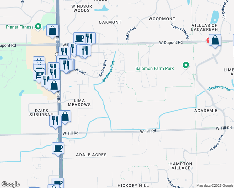 map of restaurants, bars, coffee shops, grocery stores, and more near 1118 West Till Road in Fort Wayne