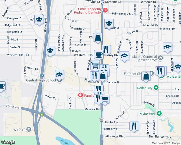 map of restaurants, bars, coffee shops, grocery stores, and more near 5711 Osage Ave in Cheyenne