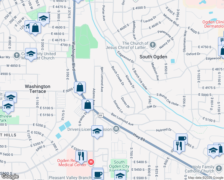 map of restaurants, bars, coffee shops, grocery stores, and more near 5051 Sunset Lane in South Ogden