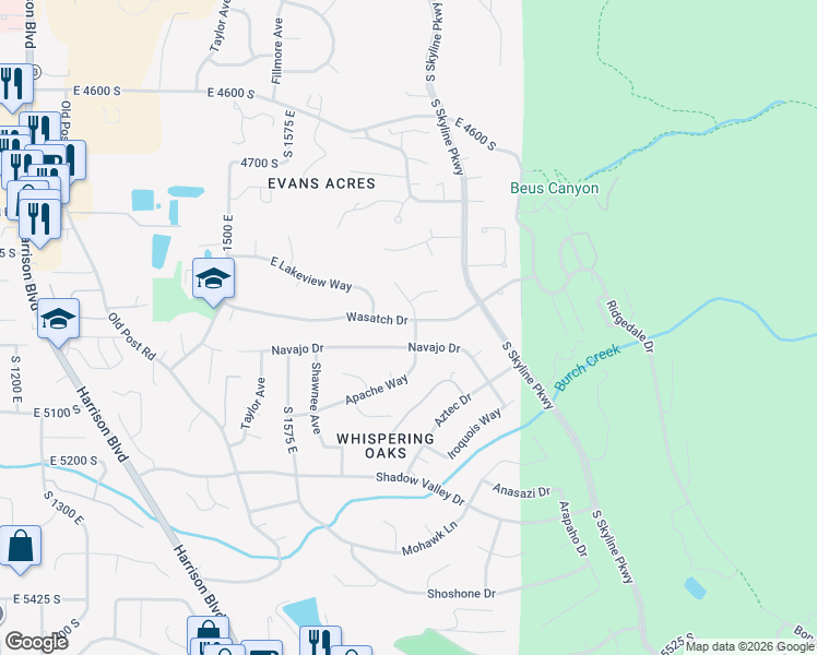 map of restaurants, bars, coffee shops, grocery stores, and more near 1733 Navajo Drive in Ogden