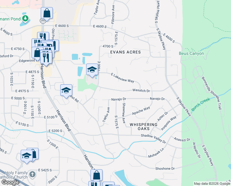 map of restaurants, bars, coffee shops, grocery stores, and more near 1588 Navajo Drive in Ogden