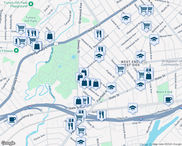 map of restaurants, bars, coffee shops, grocery stores, and more near 386 Mountain Grove Street in Bridgeport