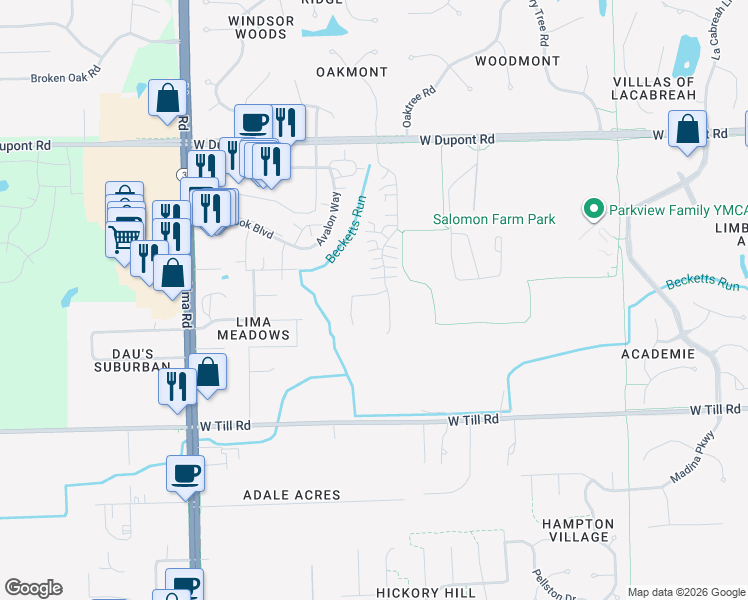 map of restaurants, bars, coffee shops, grocery stores, and more near 1118 West Till Road in Fort Wayne