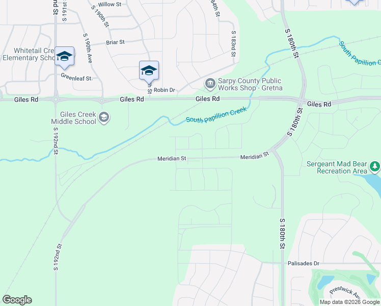 map of restaurants, bars, coffee shops, grocery stores, and more near 18494 Giles Road in Omaha