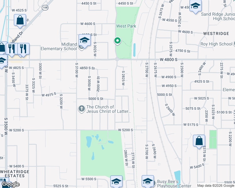 map of restaurants, bars, coffee shops, grocery stores, and more near 2872 5000 South Street in Roy