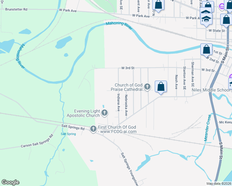 map of restaurants, bars, coffee shops, grocery stores, and more near 604 Indiana Avenue in Niles