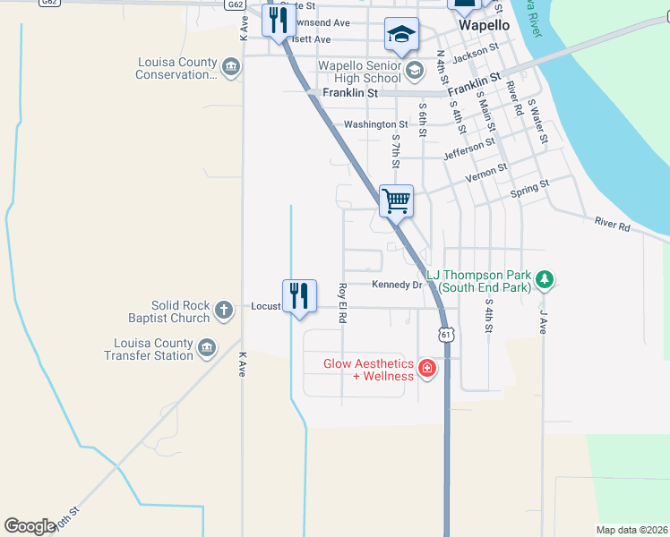 map of restaurants, bars, coffee shops, grocery stores, and more near 118-198 Roy El Road in Wapello