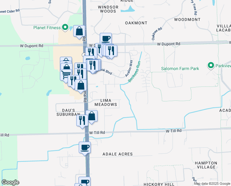 map of restaurants, bars, coffee shops, grocery stores, and more near 1303 Lima Meadow Court in Fort Wayne