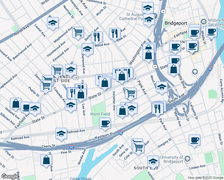 map of restaurants, bars, coffee shops, grocery stores, and more near 841 Iranistan Avenue in Bridgeport